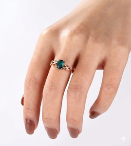 Anillo de compromiso de esmeralda verde ovalada con diamantes naturales en oro rosa de 14K y 18K, diseño vintage de hoja, anillo de aniversario para mujer - Product Image 6