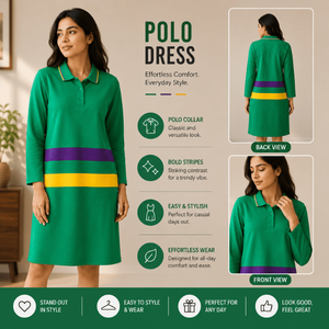 Robe polo verte pour femme, manches longues, détails à rayures contrastées, patte de boutonnage et coupe décontractée, confortable et décontractée - Product Image 4