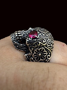 Heavy Oxidized 925 Sterling <b>Silver</b> Calavera <b>Ring</b> with Ruby Eyes Sugar Skull Hip Hop Gothic <b>Ring</b> <b>for</b> <b>Men</b> Accessories - Product Image 2