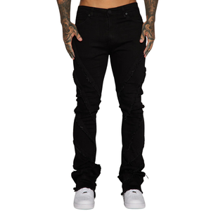 Jean en denim noir déchiré pour homme, coupe slim, décontracté, style streetwear vintage, détails déchirés, cinq poches, en coton - Product Image 1