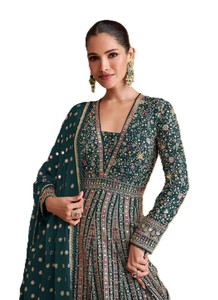 Elegant Women's Green Embroidered Anarkali Lehenga Salwar Kameez Set Full Length V-Neck <b>Top</b> with Dupatta Patterned Dress - Product Image 2