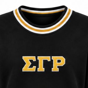 Suéter Negro con Cuello Redondo y Letras Griegas ETP Doradas, Ribete a Rayas Blanco y Dorado, Ropa Personalizada para Hermandades Universitarias - Product Image 2
