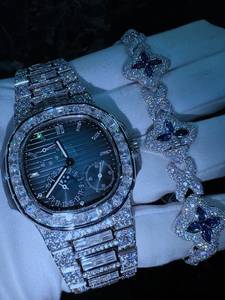 Montre mécanique bleu glace avec lunette entièrement sertie de diamants, bracelet en cristal, montre de luxe pour homme, cadeau - Product Image 6