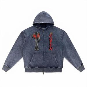 Sudadera con capucha de mezclilla para hombre con cremallera completa, estampado de grafiti, corte holgado, con bolsillos, para invierno, 330 gramos - Product Image 3