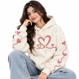 <b>Women's</b> <b>Cream</b> Puff Print Hoodie Drop Shoulder <b>Fleece</b> Sweatshirt with Heart Appliques Trendy Street Fashion - Product Image 1