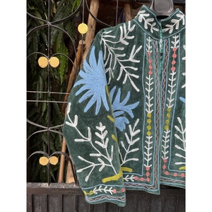 Veste bomber en velours écologique brodée à la main, col mandarin, manches longues, motif floral, courte, pour femme, automne, verte - Product Image 2