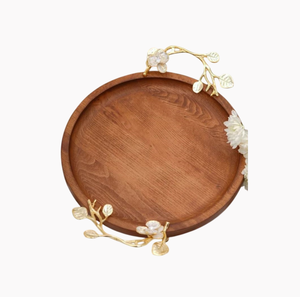 Stylish Round Wooden Serving <b>Tray</b> Made Of Mango Wood <b>Tray</b> With Floral Design Handle Coffee <b>Tray</b> <b>Snacks</b> Cookies Server Platter - Product Image 1
