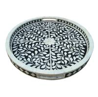 Plateau de service rond traditionnel iranien fait main et personnalisé, en bois avec incrustations de os, pour la maison et l'hôtellerie, au prix d'usine UO