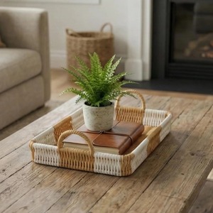 Rectangle Rattan Handwoven Tray Trio <b>Set</b> Perfect For Bathroom Vanity Organization Soap Perfume And Towels From India - Product Image 4
