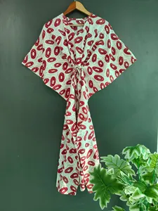 Vestido maxi caftán bohemio chic con estampado a mano, cuello en V, corte holgado para mujer, ropa de algodón para resort, vestido informal de verano - Product Image 2