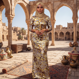 Robe Fransawi Dirac gris argenté et or pour femmes |   Maxi somalien en velours imprimé floral de luxe - Product Image 1