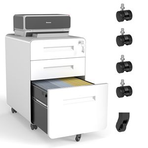 Armoire de classement mobile à 3 tiroirs blanche pour bureau à domicile, entièrement en acier, avec roulettes et serrure, entièrement assemblée - Product Image 1
