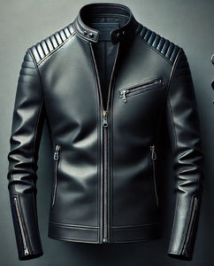 Men's Black Genuine Leather <b>Jacket</b> Stand Collar Moto Biker Style Windproof <b>Zipper</b> Closure <b>Pockets</b> Winter Wear - Product Image 5