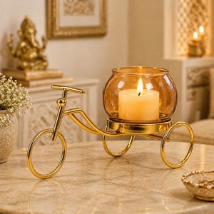 Candelabro de Bicicleta Dorado con Frasco de Vidrio Ámbar, Resistente al Calor, Decoración para el Hogar, Forma Elegante, Material de Latón - Product Image 1