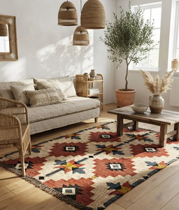 Tapis géométrique en laine et jute style sud-ouest, tapis tribal bohème kilim, décoration de sol rustique pour salon et chambre à coucher - Product Image 5