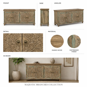 Aparador de Madera Maciza de Alta Calidad con 4 Puertas y Tallado Floral, con Acabado Envejecido para Comedor, Disponible para la Venta - Product Image 5