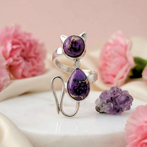 แหวนแมวสีม่วงเทอร์ควอยซ์ เงินแท้ 925 ประดับแบบ Bezel Setting สไตล์โบฮีเมียน ทำด้วยมือ สำหรับผู้หญิง สาวๆ ของขวัญวันเกิด วันครบรอบ วันแต่งงาน - Product Image 3