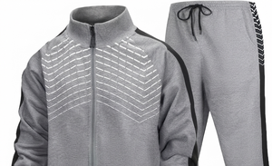 Ensemble de survêtement pour homme gris à imprimé géométrique, veste zippée et pantalon, respirant, sportif, pour l'automne - Product Image 3
