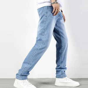 Men's Straight Fit Stonewashed Denim <b>Jeans</b> Light Blue <b>Elastic</b> <b>Waist</b> Casual Style 100% Cotton Breathable Lightweight Spring Wear - Product Image 5