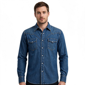 Camisa de mezclilla para hombre con cuello vuelto, ecológica, antiarrugas, de secado rápido, informal, lavada, con botones y bolsillo en el pecho de BD - Product Image 2