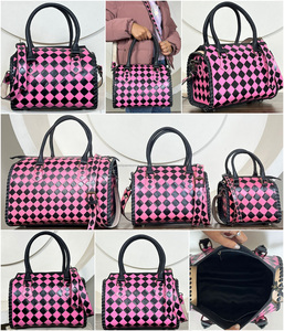 Western <b>Style</b> Pink & Black Checkered Medium Speedy Bag Stylish Women's Shoulder Crossbody Handbag Hand Tooled Leather Duffel Bag - Product Image 3