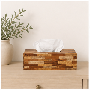 Lujosa Caja de Madera Ecológica Hecha a Mano para Pañuelos, con Incrustaciones de Madera Multitono, Diseño Rectangular Moderno, de Pie - Product Image 2