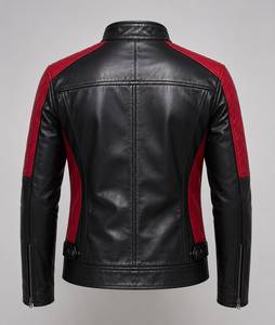 Blouson de motard en cuir et toile pour homme, style classique, col rabattable zippé, manches longues, vêtement d'extérieur décontracté et tendance - Product Image 5