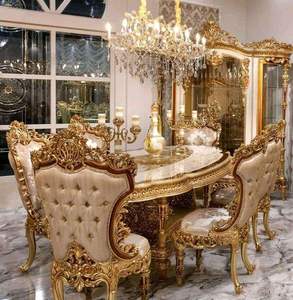 Luxury Royal Antique Teakwood <b>Gold</b> <b>Round</b> 6 Seater Dining <b>Table</b> Set with Hand-Carved Designer Chairs - Product Image 1