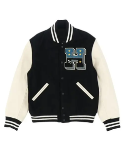 Veste universitaire noire pour homme avec manches crème, logo brodé, style preppy, en laine et polyester, col rabattu - Product Image 1