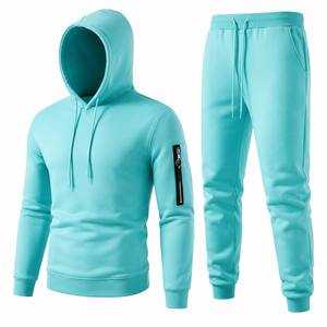 Ensemble de survêtement à capuche de couleur unie, manches longues, pantalon à cordon de serrage, tenue décontractée d'automne, sweat-shirt et jogging en polyester bleu clair - Product Image 1