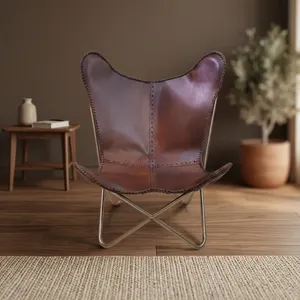 Fauteuil Papillon Moderne en Cuir Véritable avec Pieds en Métal, Dossier Fendu, Fait Main, Chaise de Loisirs pour Salon - Product Image 3