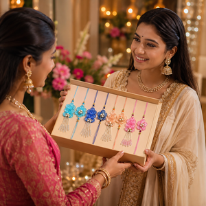Flower Shape Plastic Rakhi <b>Set</b> with Pearl Tassels Handmade for Wedding Occasion - Product Image 5