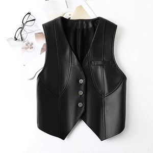 Nouveau Gilet d'Hiver pour Homme, Col V, Sans Manches, en Toile et Cuir, Imperméable, Couleur Unie, Patchwork, avec Boutons, pour le Quotidien - Product Image 4