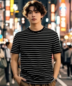 เสื้อยืดคอกลมแขนสั้นผู้ชาย ลายทางขาวดำ ผ้าฝ้ายถัก 100% ระบายอากาศได้ดี สไตล์ลำลอง สตรีทแวร์ ทรงปกติ ไซส์ XXS-6XL น้ำหนัก 180 กรัม - Product Image 2