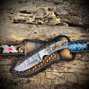 Couteau de chasse et de camping à lame fixe en acier Damas, manche en résine, forme de lame Drop Point, qualité industrielle, garantie 3 ans, étui en cuir - Product Image 2