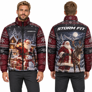 Custom Men's multi colored Christmas <b>Santa</b> Sublimation Puffer Jacket Winter Windproof Zipper <b>Stand</b> Collar Casual Coat - Product Image 4