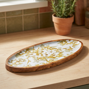 Plato DE SERVICIO DE MADERA ovalado elegante con arte floral delicado aperitivo Decoración de cocina - Product Image 1