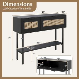 40 Inch Black Rattan <b>Console</b> <b>Table</b> with <b>Storage</b> Cabinets Open Shelf Sturdy Carbon Steel Frame for Entryway Livi Product Category - Product Image 3