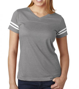 Sportswear V-Neck T Shirts With Striped Sleeves Women's V-Neck Tee Custom Logo And Design Women T-Shirt Reasonable Price - Product Image 3