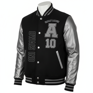 Chaqueta Varsity Urban League para Hombre, Negra y Plateada, con Mangas de Cuero PU, Logotipo Bordado, Estilo Urbano, Corte Regular, Otoño - Product Image 2