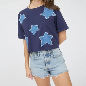 OEM 2026 New Arrival Wholesale Custom Summer Women's Denim Star Patch Short Sleeve Knit <b>T</b>-<b>shirts</b> Made by TRIOTAKE INDUSTRY - Product Image 5