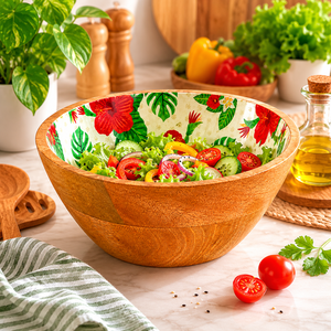 Bol à salade en bois de manguier artisanal de qualité supérieure avec intérieur en émail floral |   Bol de service décoratif pour fruits, collations, cuisine, salle à manger - Product Image 3