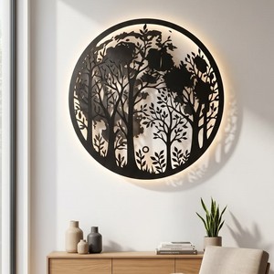 Modern Forest Metal Wall Art LED Light Black Round Nature Wall <b>Decor</b> Large <b>Tree</b> Silhouette Hanging Artwork for Living Room Bedro - Product Image 6