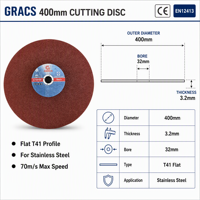 Disque de coupe rouge de 400 mm T41, disque de coupe plat, alésage de 3,2 mm x 32 mm, disque de coupe pour métal A30, pour acier inoxydable EN12413