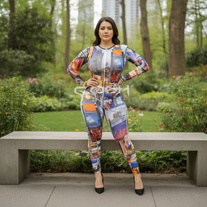 Conjunto con Estampado del Paisaje Urbano de Times Square: Camisa de Manga Larga con Cierre y Leggings de Cintura Alta, Ropa Urbana Gráfica y Mono para Festivales - Product Image 4
