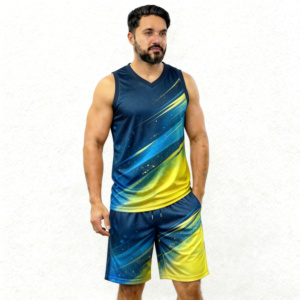 Ensemble débardeur et short pour homme, col en V, imprimé géométrique, séchage rapide, polyester tricoté, tenue sportive d'été - Product Image 1