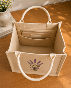 Jute Tote <b>Bag</b> with Lavender Embroidery <b>Medium</b> <b>Size</b> Reusable Beach Shopping Daily Use Handheld Handle - Product Image 5