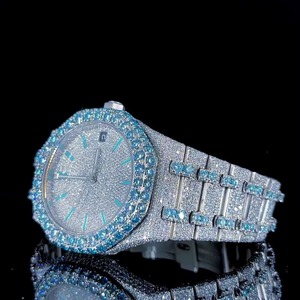 Montre mécanique de luxe en acier inoxydable avec lunette et bracelet sertis de diamants, boîtier rond unisexe de 41 mm, fermoir pliant épais - Product Image 2