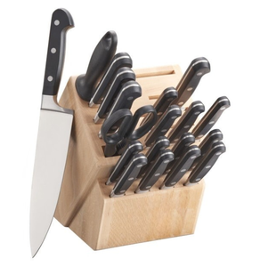 Ensemble de couteaux de cuisine à lames argentées et poignées rivetées noires avec bloc de rangement beige et ciseaux pour couper les fruits et préparer les légumes - Product Image 6
