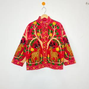 Wholesale Woven <b>Velvet</b> Suzani Embroidery Autumn Red Deer Floral Botanical Boho Ethnic <b>Women</b> Fashion Jacket Folk Art <b>Coat</b> - Product Image 1